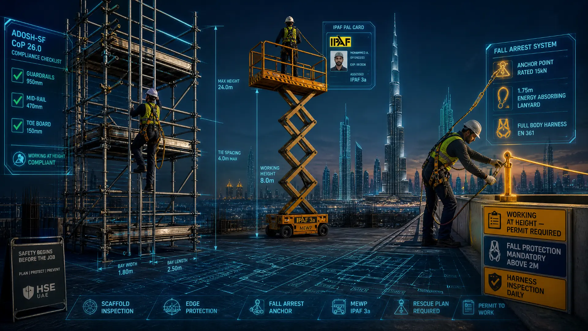 UAE construction site at dusk showing scaffold with guardrails, a scissor-lift MEWP and a worker clipped to a rated anchor point, with ADOSH-SF CoP 26.0 scaffold, IPAF PAL card and fall arrest system compliance callouts