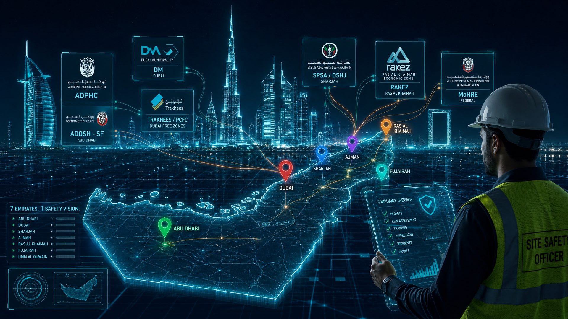 Blueprint style map of the UAE highlighting Ajman HSE regulatory coverage