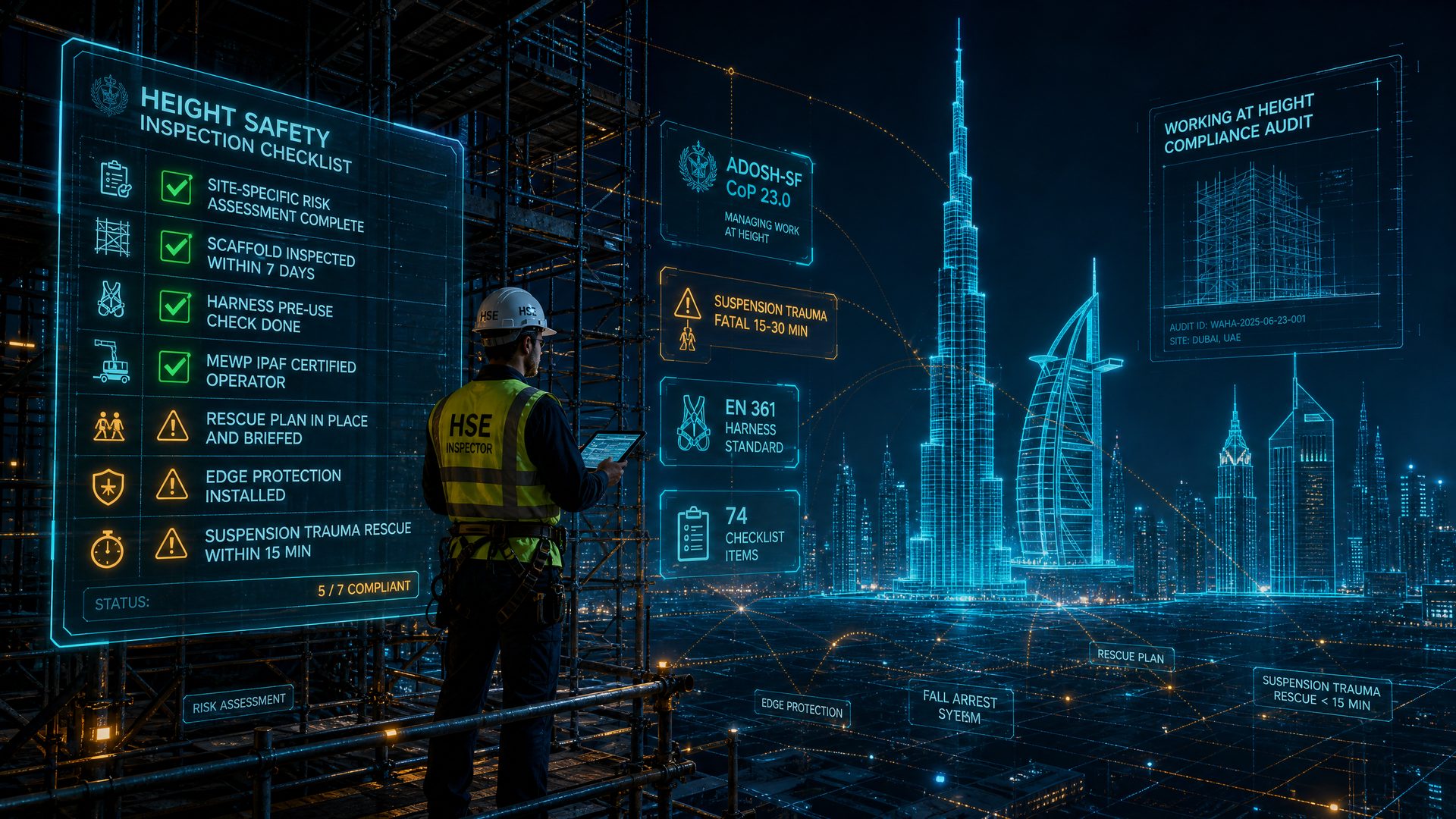 Worker in a full body harness on an elevated guarded walkway above a UAE construction site