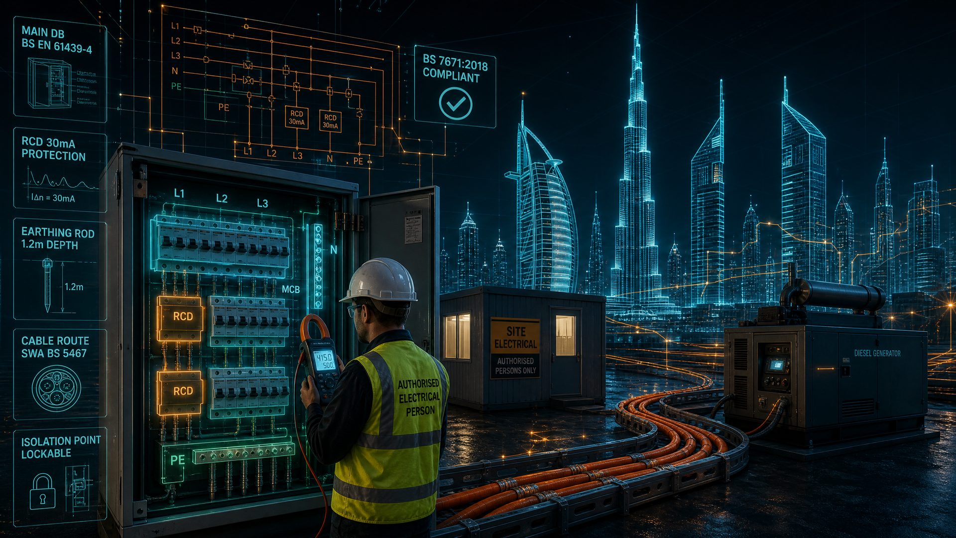 UAE construction site temporary power installation showing a main distribution board with RCD and MCB schematic, earthing rod, SWA cable route, site office and standby generator
