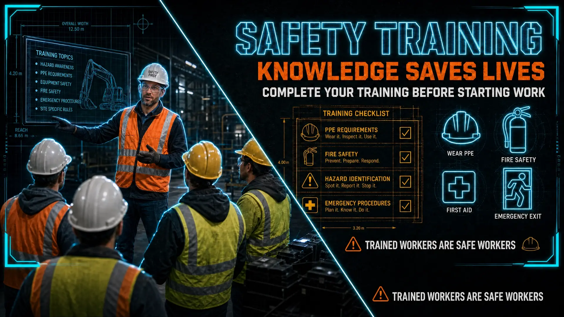 Site supervisor briefing construction workers with a safety training checklist overlay