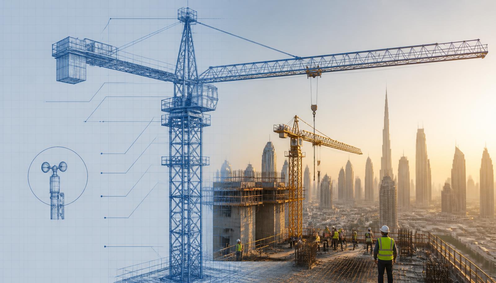 Tower crane on a UAE construction site with a CAD wireframe overlay of the mast, jib and anemometer