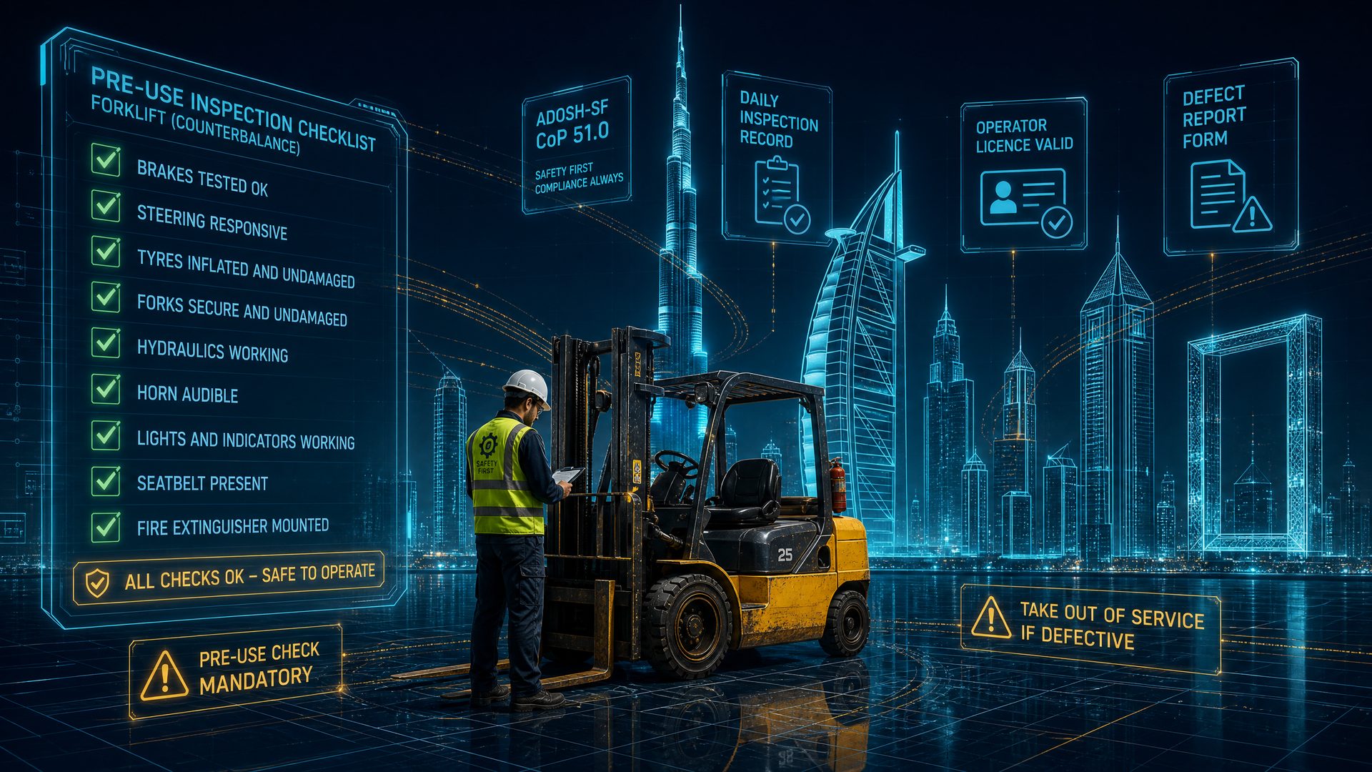 Crane, dump truck and loader lined up on a UAE construction site at dawn